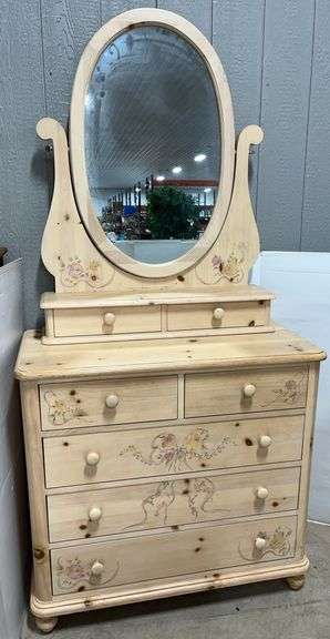 Impressions by Thomasville pine four-drawer dresser with two-drawer mirror top and floral accents, mirror- 34"W x 8"D x 44"H, dresser- 40"W x 19 1/2"D x 38"H, good