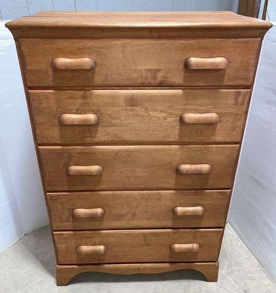 Tall cedar wood five-drawer dresser, dovetail joints and drawers, made y Kiernan Furniture, IN, delivered to Bay City tag on back, top has split, 34"W x 18"D x 49"H