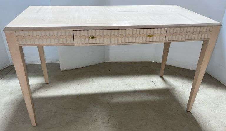 Desk With carved side details and a parkay top, made in USA, 52"W x 26"D x 31"H, very nice