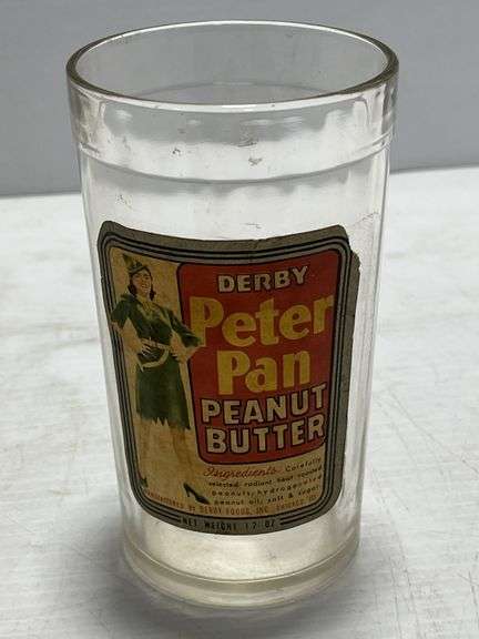 1950's Derby Peter Pan Peanut Butter Jar/Drinking Glass, 5"H, some loss ...