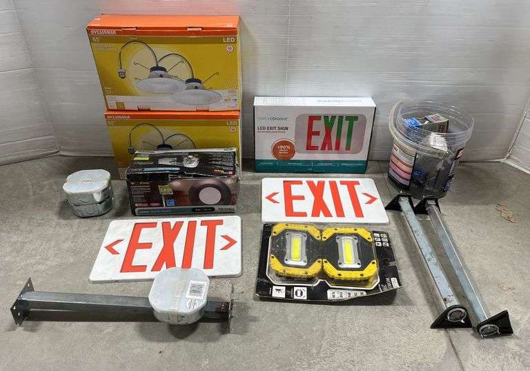 Assorted electrical plugs, boxes, and exit signs, some new - Albrecht ...