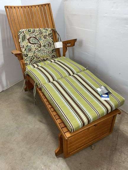 Solid oak reclining side-to-side rocking lounge chair, stained and sealed for outdoor use if desired, never used outdoors, was always inside cabin, handcrafted in Lake, Michigan, south of Cadillac on 115, great