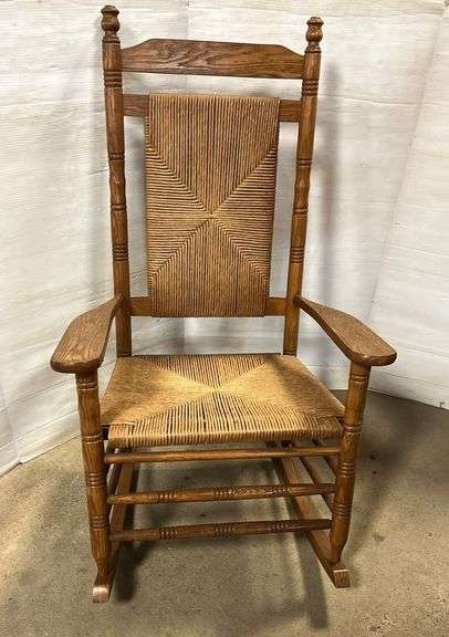 Heavy oak rocker with woven seat and back, seat- 23