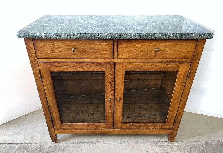 Older Mission style oak cabinet with glass doors and granite top, 40"W x 19"D x 34"H