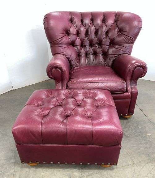 Thomasville leather arm chair with matching ottoman, seat- 22"W x 19"H, has wear