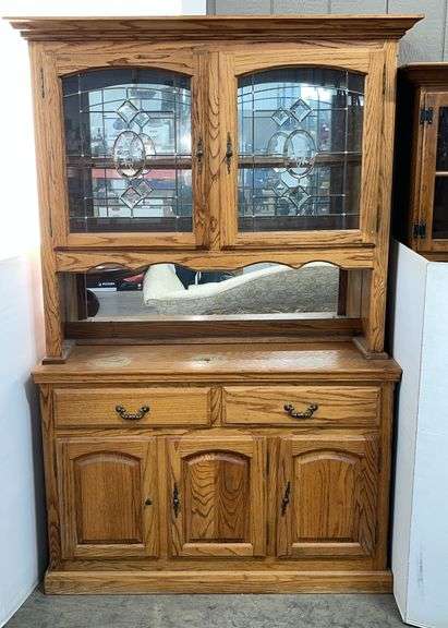 Two-piece hutch cabinet, oak, overall- 48"W x 16 1/2"D x 77"H, heavy wear to top