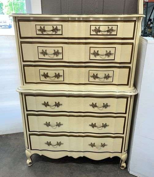 Thomasville French Provincial chest of drawers, white and gold in color, 40"W x 19 1/2"D x 55"H