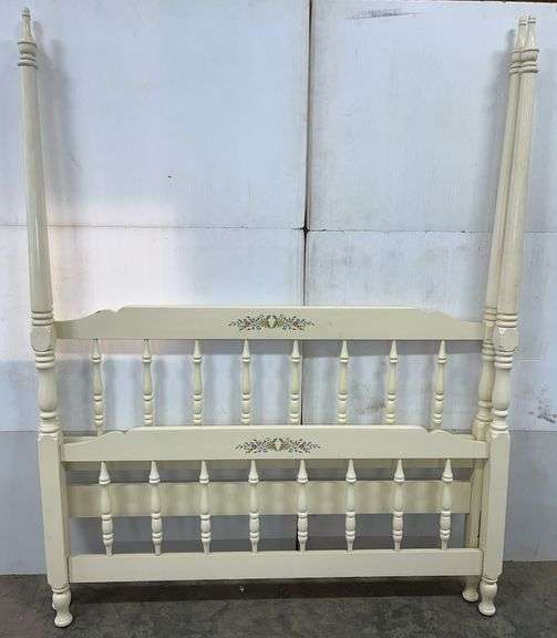 Full white wooden floral head and footboard, no rails, headboard- 56" x 72"