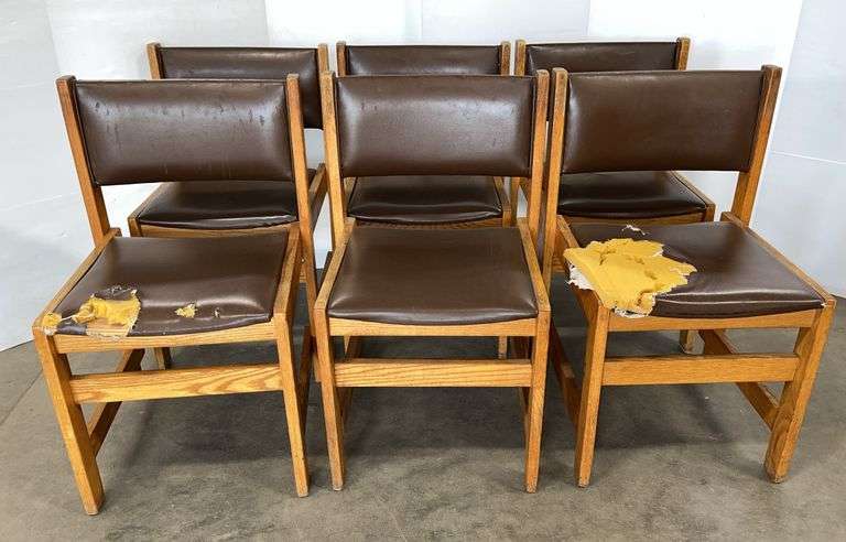 Oak chairs, set of (6), two with damaged upholstery, 20"W x 19"D x 32"H at back