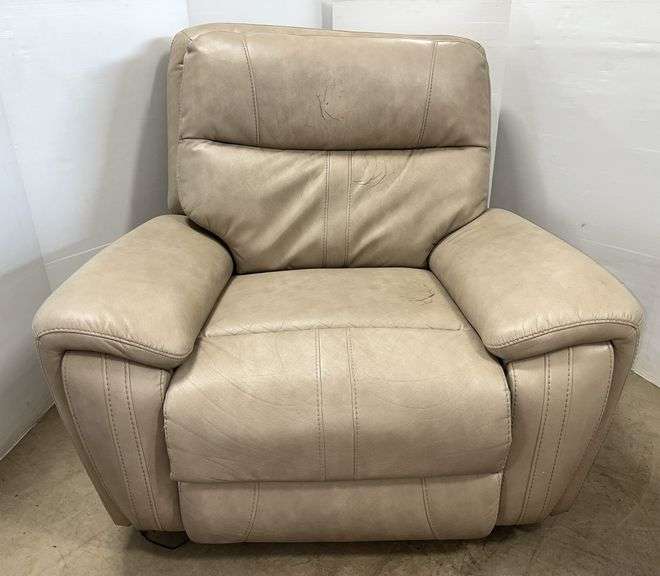 Large tan leather power recliner, 48"W x 39"D x 60"H at back, wear, wrinkles in leather