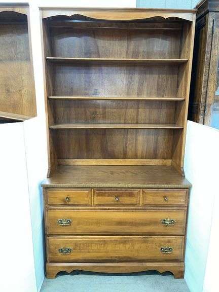 Wooden dresser with 3-drawers with hutch, Moosehead, Monson, Maine, overall- 42"W x 18"D x 76"H