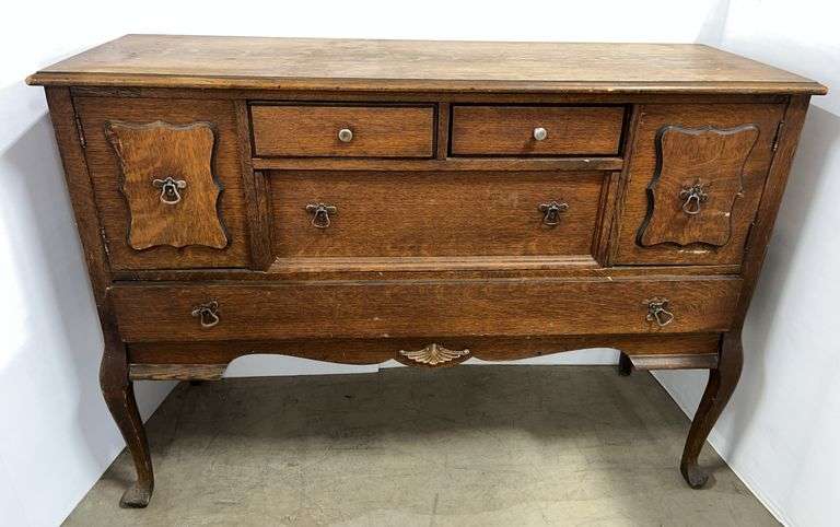 Antique oak sideboard, 54"W x 19"D x 39"H, sturdy, shows age