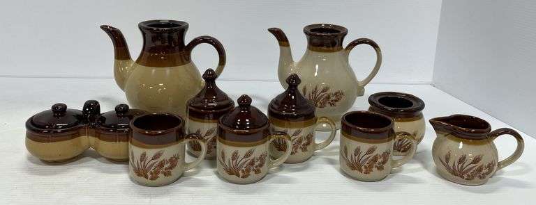 10-Piece set of 1960s Brownware pottery set of wheat pattern; 5-Piece ...