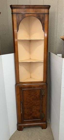 Antique corner cupboard with burlwood accents, 12"W x 12"D x 70"H