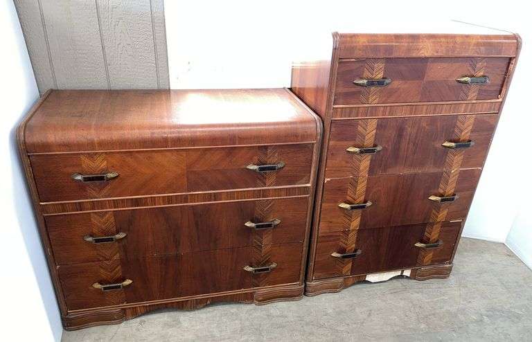 Pair of art deco waterfall dressers with unique original hardware, decorative set with a few flaws that can be restored, One- 40"W x 19"D x 34"H, One- 30"W x 18"D x 45"H