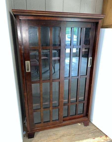 Wooden display cabinet with sliding doors, 33"W x 12 1/2"D x 53"H