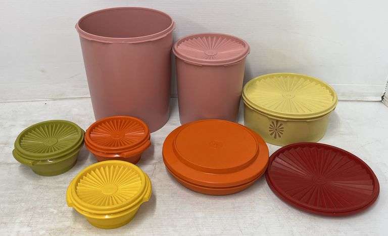 Assorted tupperware, includes: (2) Pink canisters, (1) Gold, (3) Small ...