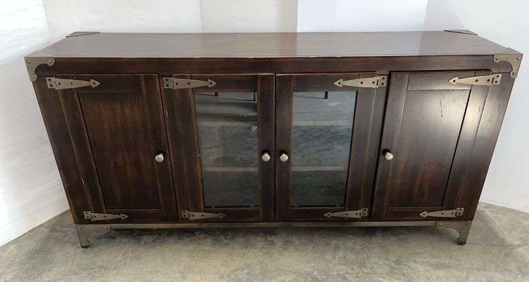 Heavy walnut entertainment center with (4) Doors in front, built in surge protector, 66"W x 18"D x 33"H, very nice, some top wear