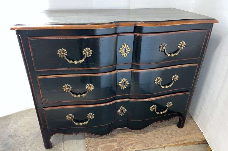 Older black and brown wooden dresser, 46"W x 23"D x 33"H