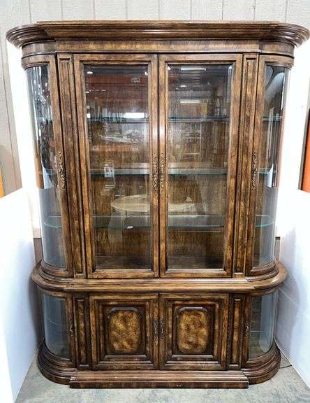 2-Piece curved wooden china cabinet, 68"W x 18"D x 83"H, some edge rubs