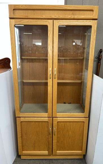Wooden china cabinet, 2-Piece, top not attached, 35 1/2"W x 15"D x 75"H, missing shelves for top