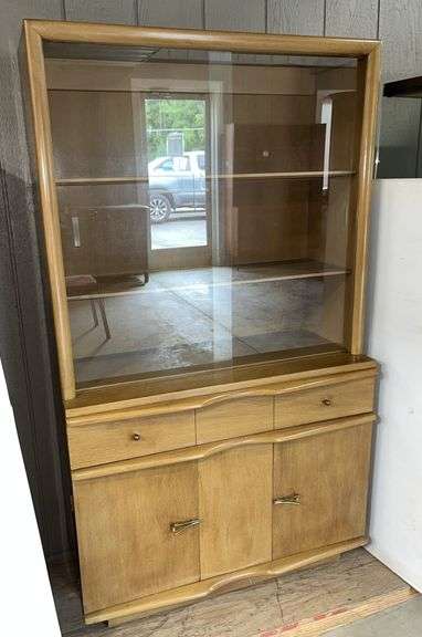 1960s MCM blonde hutch with sliding glass doors, pull out drawer, and (2) Bottom drawers for extra storage, 36"W x 16"D x 62"H, excellent