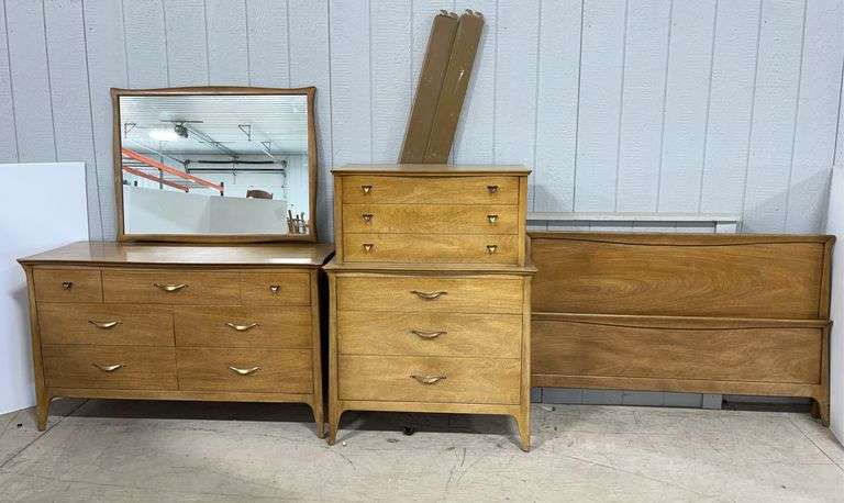 Drexel full size bedroom set, includes: All wood full size bed, headboard- 57" x 35"; Five-drawer dresser with dividers, 35"W x 20"D x 48"H; Wall hanging mirror, 40 1/2" x 30"; Seven-drawer dresser, 54"W x 20"D x 32"H