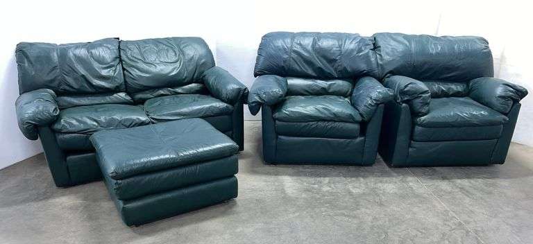 Leather green living room set, includes love seat- 64"W, (2) Oversized chairs- 37"W, and an ottoman, used, good