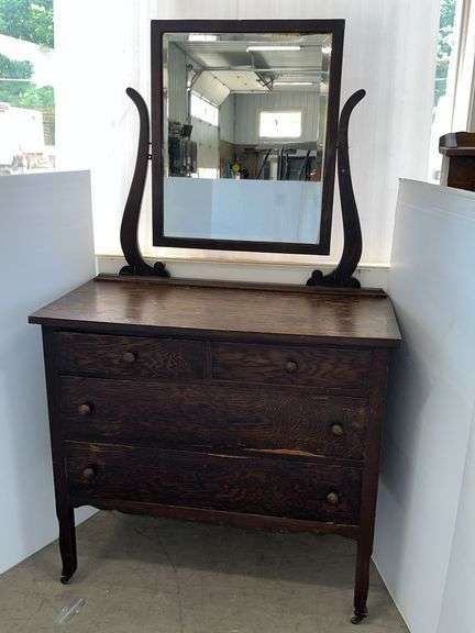 Antique solid wood dresser with mirror and (4) Pull-out drawers, 38"W x 18"D x 34"H, top wear