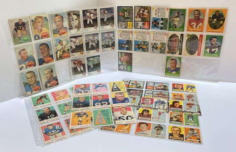 (9) 1957 Topps Football Cards, Includes the #85 Dick Lane Rookie Card; (4) 1962 Post Cereal Football Cards, Includes: Arnett, Hornung, Gregg, and Henry; (8) 1960 Topps Football Cards, Includes the #80 Sam Huff (Hall of Famer for the Giants) Card; (9) 1961 Fleer Football Cards, Includes the #117 Bobby Layne Card; (7) 1958 Topps Football Cards, Includes: Layne, Alex Karras, Kramer, Groza, Berry, Bratkowski, Sam Huff, Packers Team Card, Rams Team Card, and More