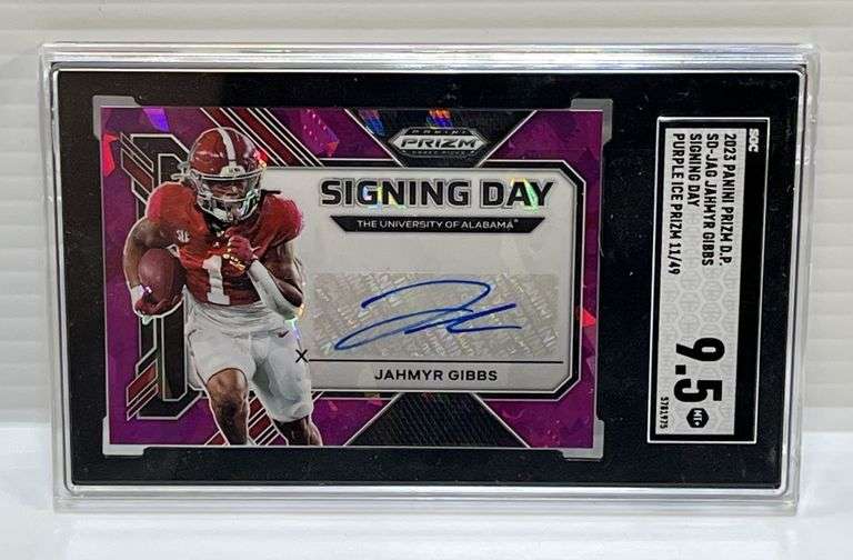 2023 Panini Prizm D.P. #SD-JAG Jahmyr Gibbs Signing Day Autographed Card, "Purple Ice", No. 11 of 49