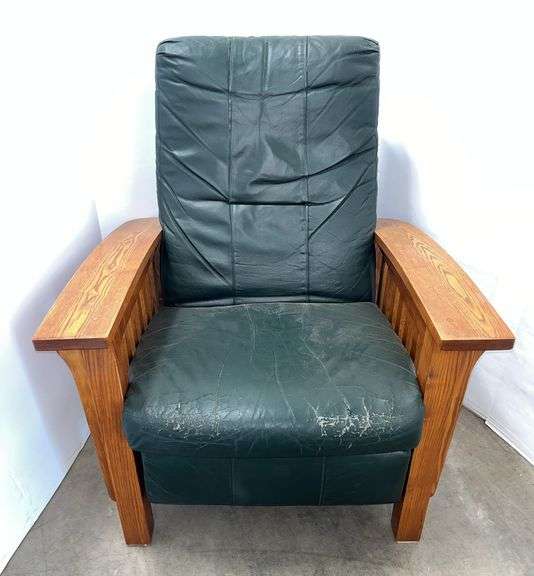 Barcalounger Mission style recliner, very sturdy, reclines smoothly, heavy wear on leading edge of cushion, 34"W x 34"D x 40"H, 18"H at seat