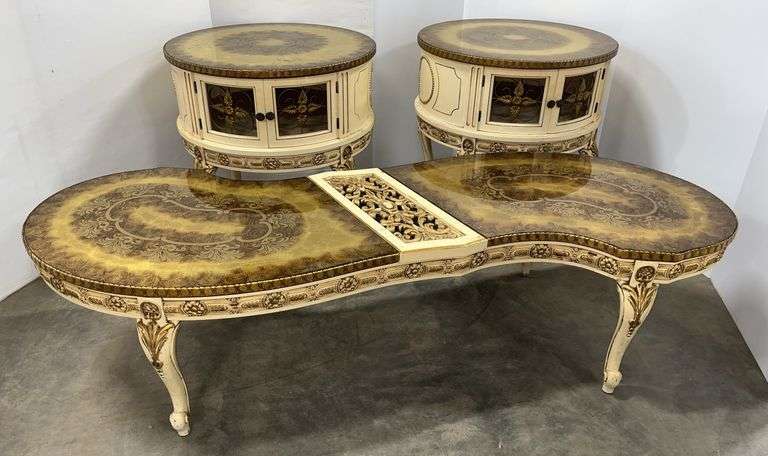 3-Piece mid-century coffee table/end table set: Coffee table- 22"W x 64"L x 16 1/2"H, (2) End tables- 25"H x 26"Dia, one side of the table has discoloration to top (pictured)