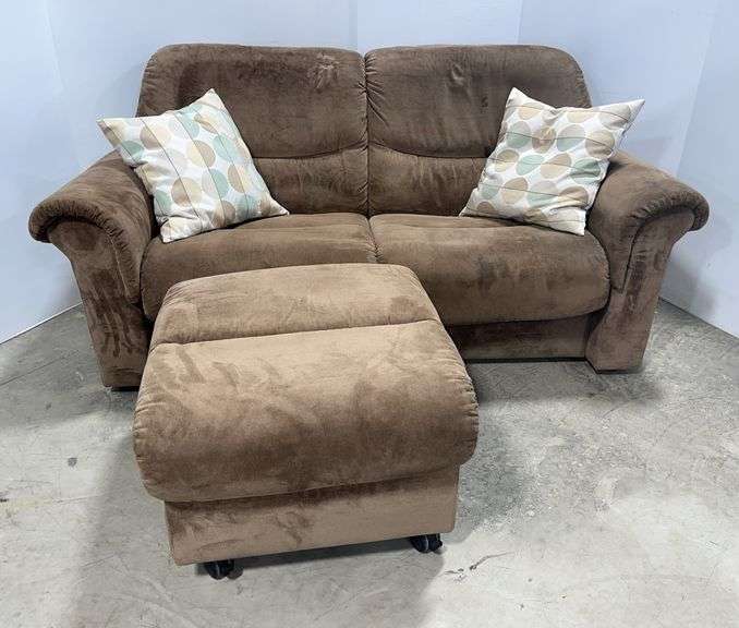 Reclining sofa couch loveseat, 68"L; Ottoman, 25" x 27"; (2) Pillows, durable brown fabric, ottoman opens for storage, used, clean, non-smoking, no pets