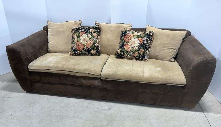 Brown couch with throw pillows, 98"W, used, good