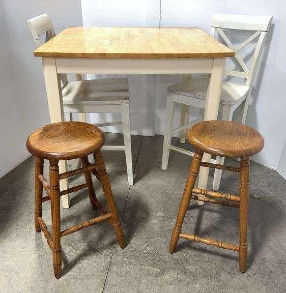 Table, 36"sq top x 36"H; (2) Chairs, 24"H seat; (2) Stools, 24"H seat, good, has wear