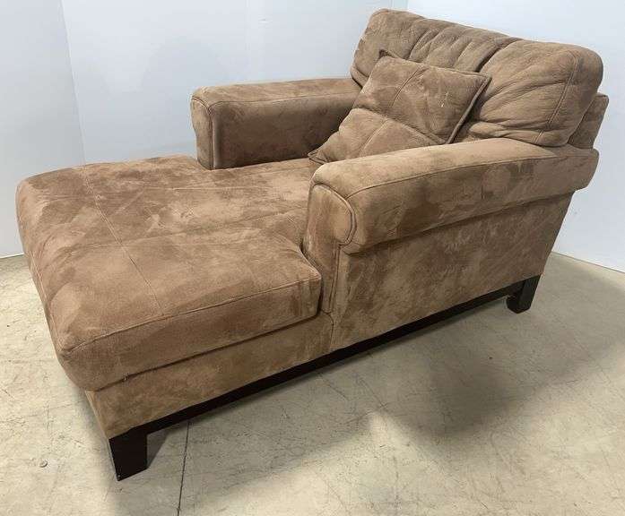 Kroehler microfiber chair/lounge and throw pillow, 60"L x 36"D x 36"H at back, used, good, some breakdown to arms