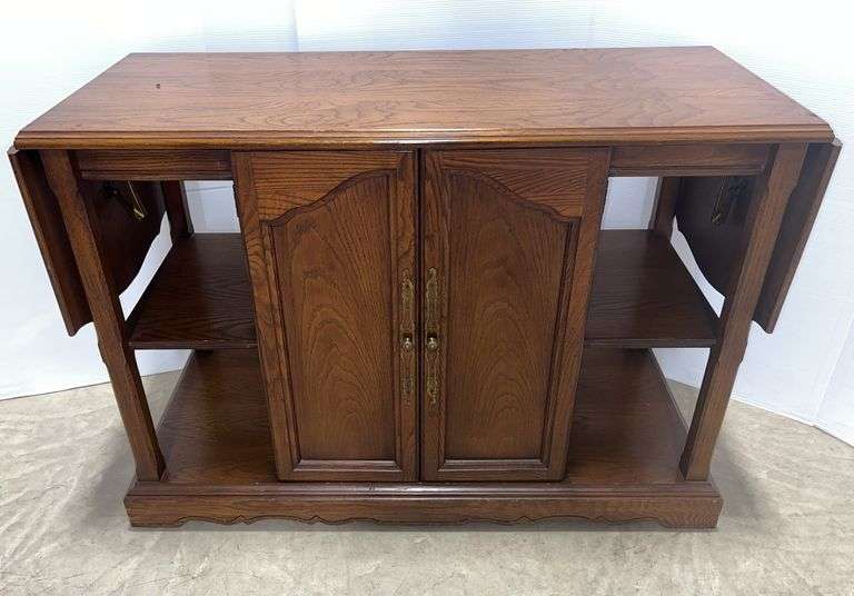 Oak finish drop side rolling bar cabinet, 44"W x 20"D x 32"H