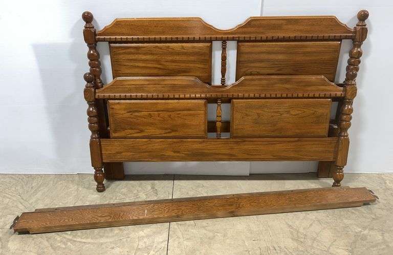 Oak finish single/full bed, headboard- 53" x 42", some nicks and edge wear