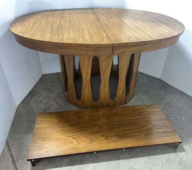 Mid-century oval dining table on pedestal with 17" leaf, table- 56"W x 43"D x 30"H