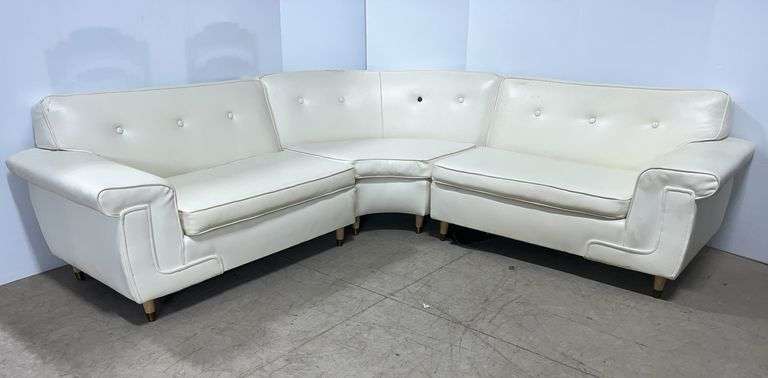 Mid-Century three-piece sectional, two pieces- 56"L x 31"D x 30"H, structurally good, one button missing vinyl cover, some rubs and scuffs