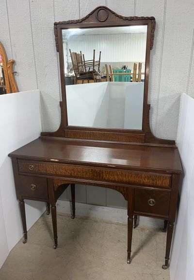 Hensler 3-drawer vanity, 48"W x 18"D x 70"H at mirror, nice, some wear, missing a pull