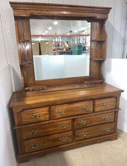2-Piece Bassett Furniture 7-drawer chest with mirrored topper, chest- 58"W x 18"D x 33"H, topper- 50"W x 27"D x 42"H, good