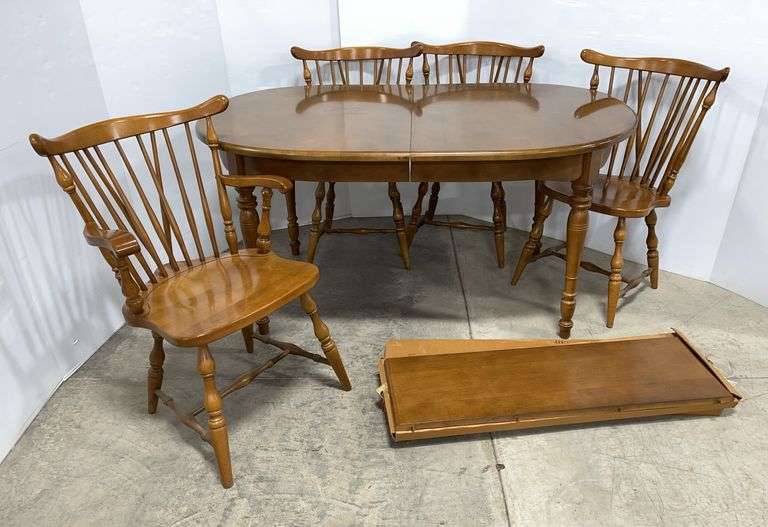 Older hardwood kitchen table with (4) Chairs, and (2) Leves, table- 60"W x 40"D x 30"H, nice, some wear