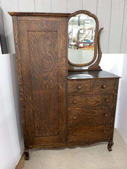 Antique wardrobe, made of tiger oak wood, 20 1/2" x 42 1/4" x 63"H overall, good