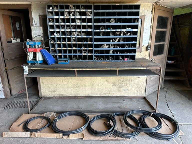 Hydraulic Hose Assembly Station with Imperial Eastman K-501 Kwikrimp Crimping Machine and Dies, Large Quantity of Hose Ends, Assorted Hose (1/4", 3/8" & 1/2"), (2)-Metal Parts Organizers and Table.