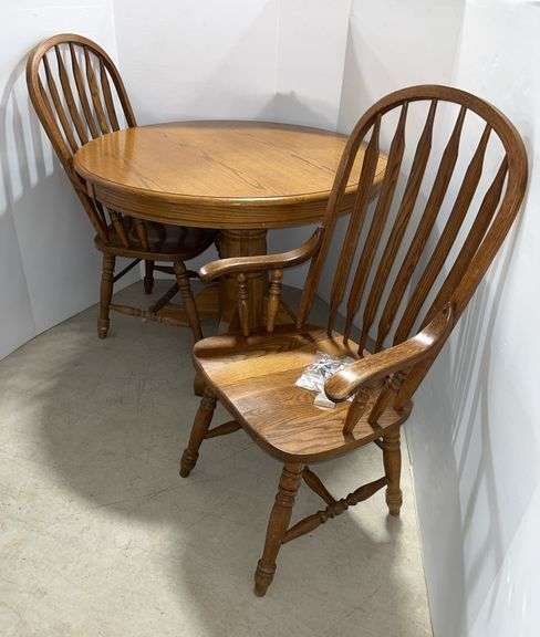 Round dining table with (2) Chairs, table- 43"Dia x 29"H, chairs- 23"W x 19"D x 42"H at back, good