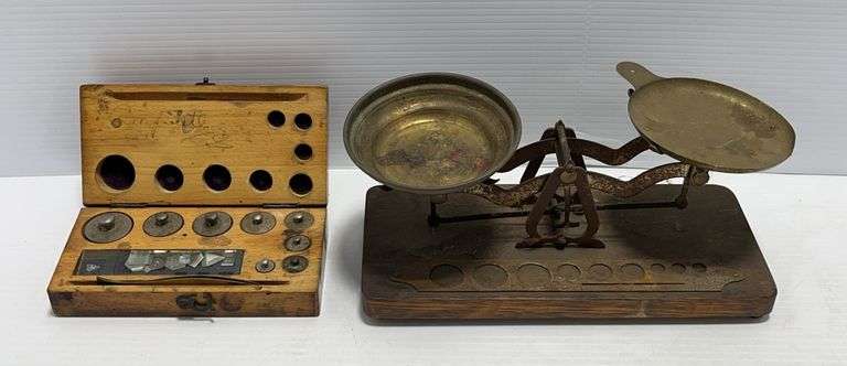 Older balance beam brass scale with a complete set of weights, 9