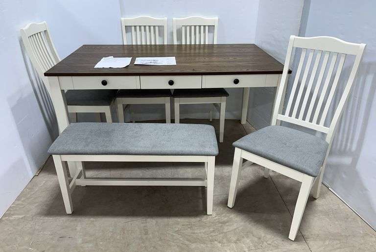 Harper & Briget Designs mid-century 6-piece buttermilk rectangle MDF top dining table set, seats six with storage drawer, table- 59"W x 35 1/2"D x 30 1/2"H, new