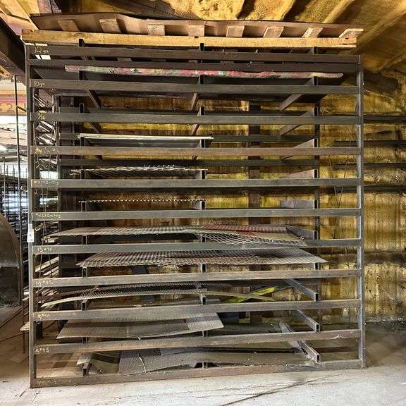 Heavy Duty Welded Steel Shelving Unit, 10' high x 10'7" wide x 42" deep and All the Contents (Expanded Metal, (3)-Full 4' x 10' Sheets of Perforated Metal, (1)-Partial Perforated Approx. 4' x 7'), 9" Between Each of the Front Rails.  NOTE:  Some materials may need to be hand loaded - bring help to load.  Help will not be provided for hand loading.